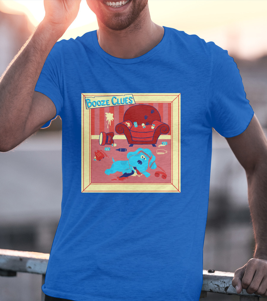Booze Clues Blue Dog Party Mess With Cans And Couch T-Shirt