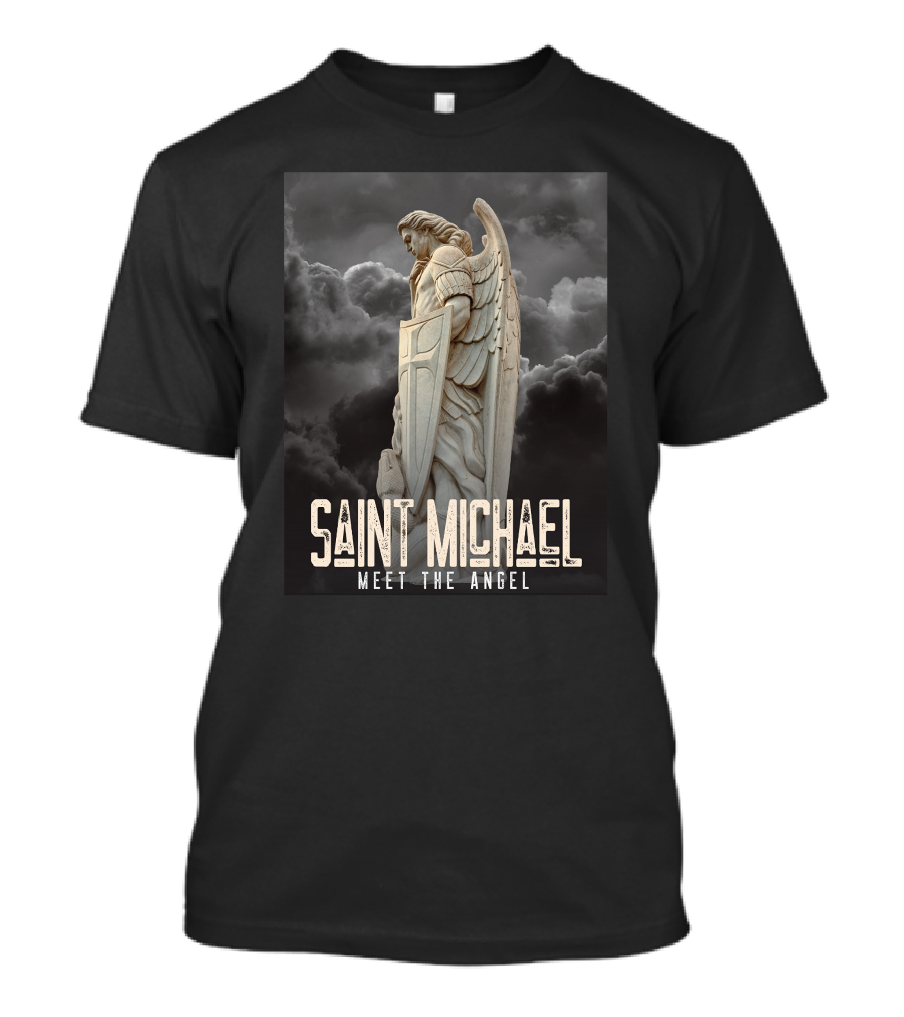 Saint Michael Meet The Angel Statue In Stormy Sky T-Shirt