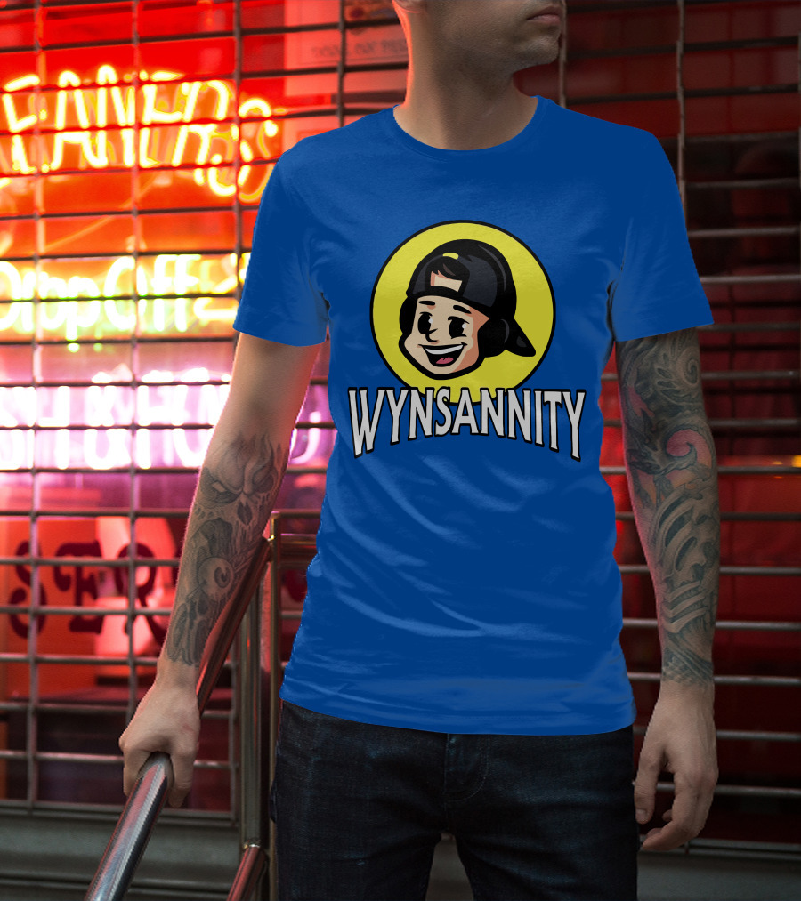 Wynnsanity Cartoon Character With Headphones And Backwards Cap Icon In Yellow Circle T-Shirt