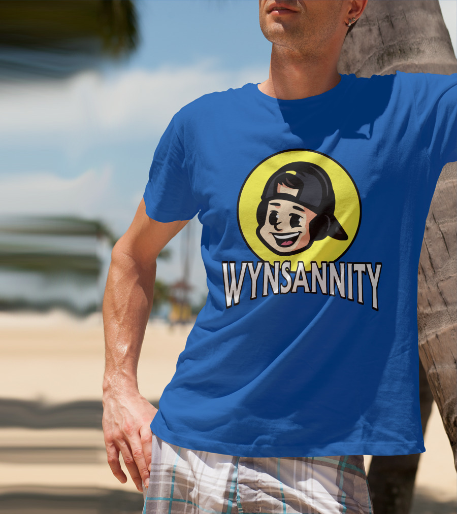 Wynnsanity Cartoon Character With Headphones And Backwards Cap Icon In Yellow Circle T-Shirt