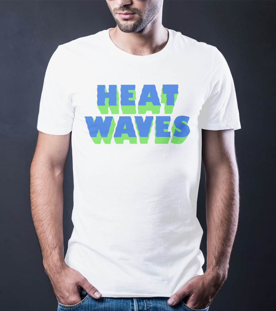 HEAT WAVES Bold 3D Text Design In Blue And Green T-Shirt