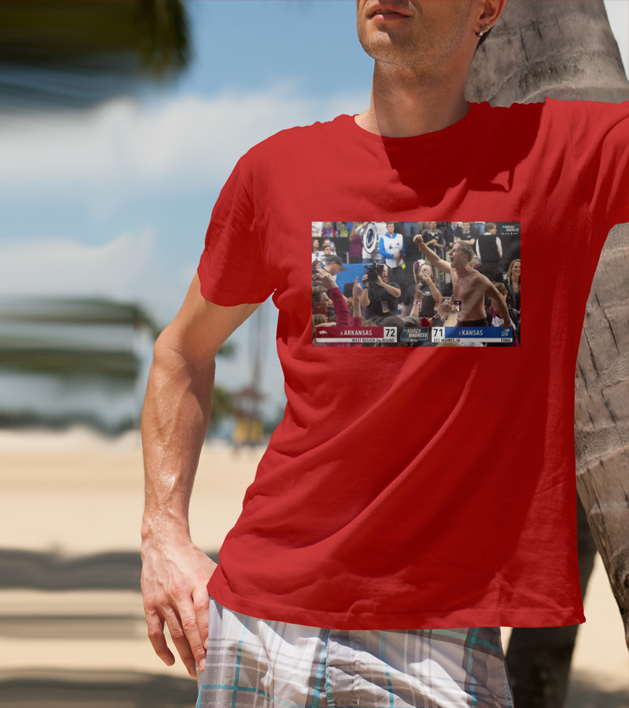 Eric Musselman Celebrates Arkansas 72-71 Victory Over Kansas In March Madness T-Shirt