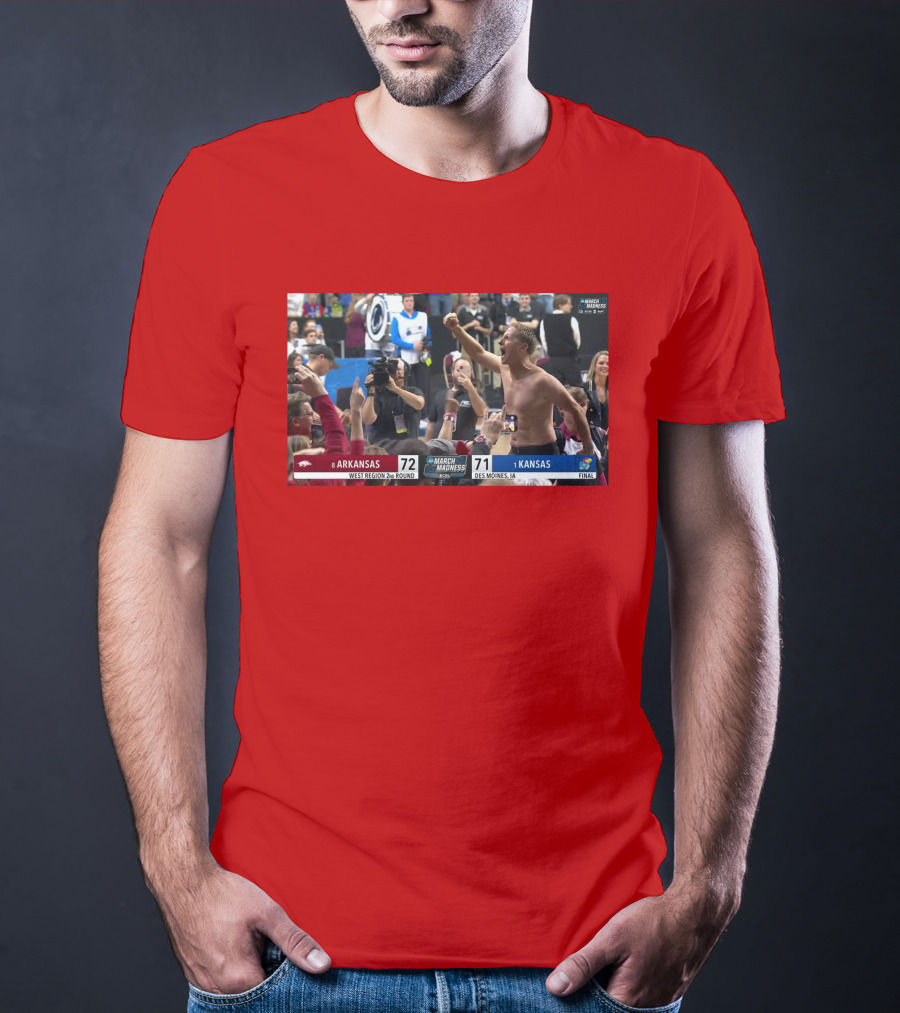 Eric Musselman Celebrates Arkansas 72-71 Victory Over Kansas In March Madness T-Shirt