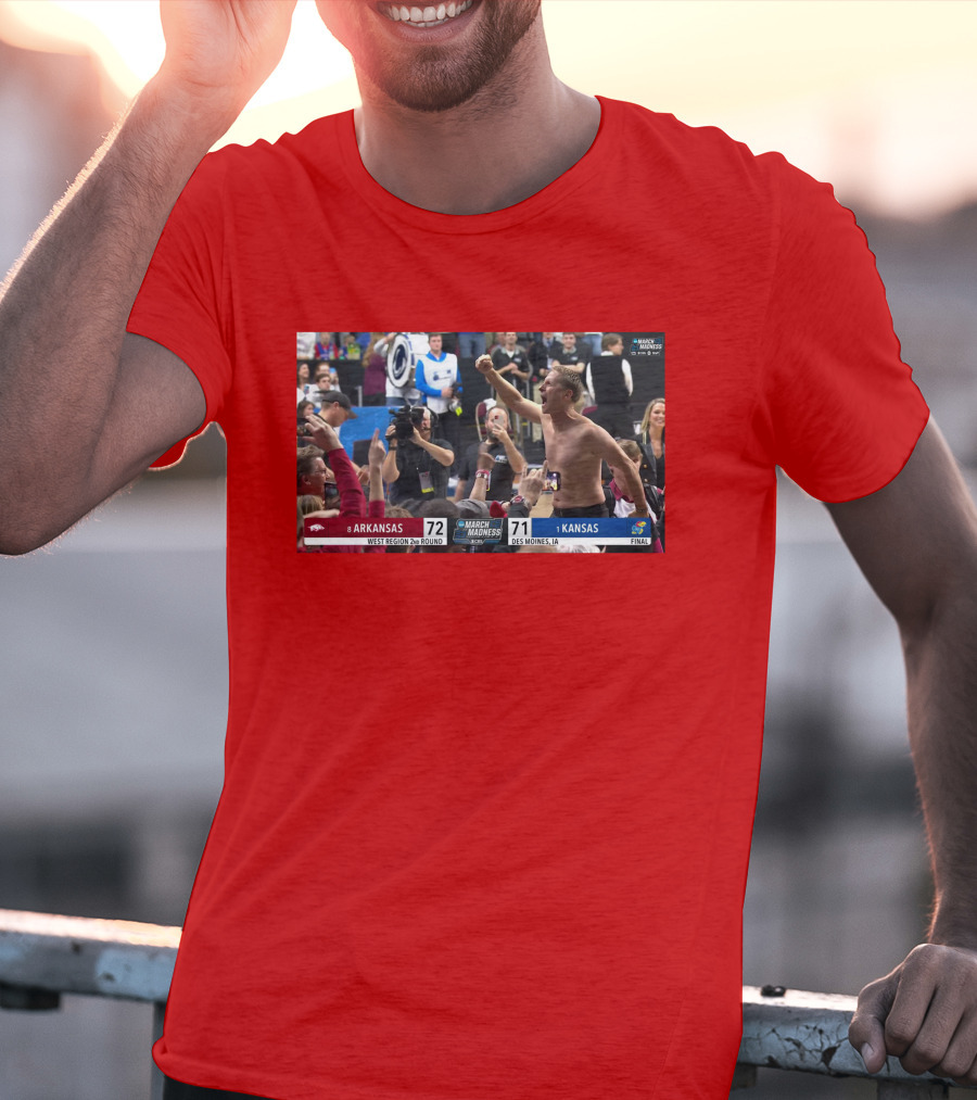 Eric Musselman Celebrates Arkansas 72-71 Victory Over Kansas In March Madness T-Shirt