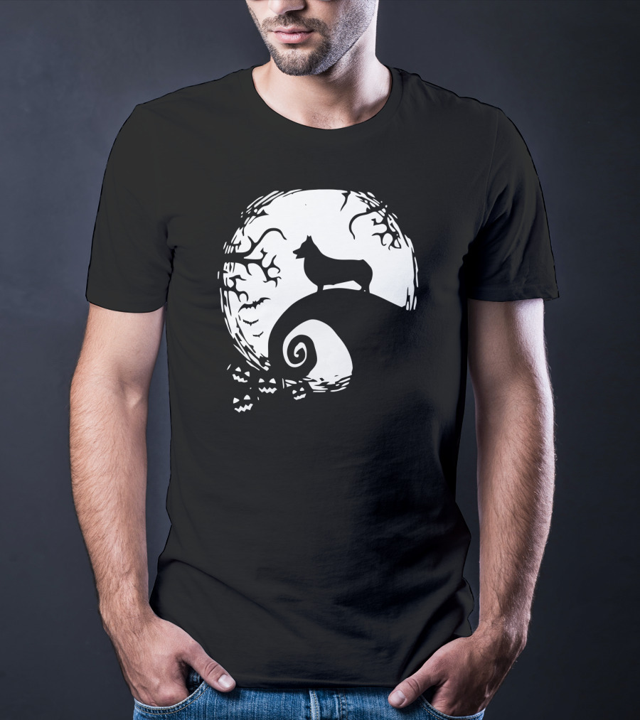 Corgi Howls At Halloween Moon With Jack O'Lanterns T-Shirt