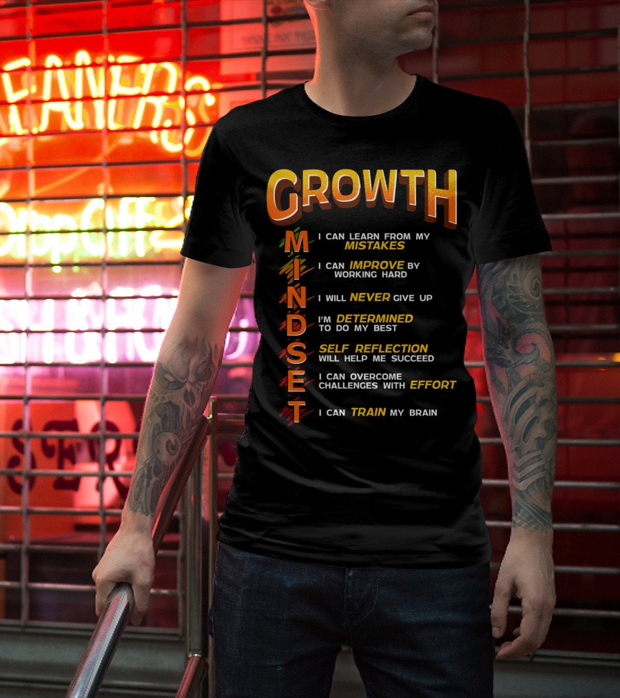 Growth Mindset Teacher Classroom Brain Motivation Mistakes Improve Never Determined Self Reflection Effort Train T-Shirt