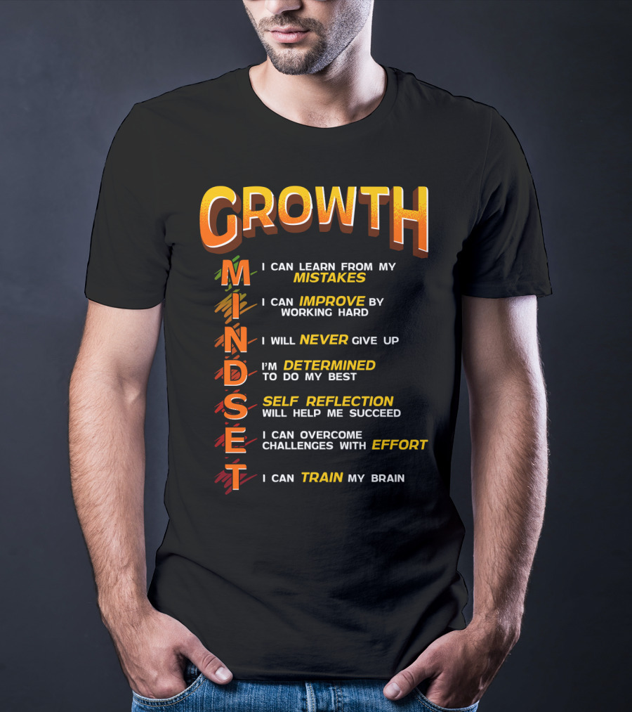 Growth Mindset Teacher Classroom Brain Motivation Mistakes Improve Never Determined Self Reflection Effort Train T-Shirt