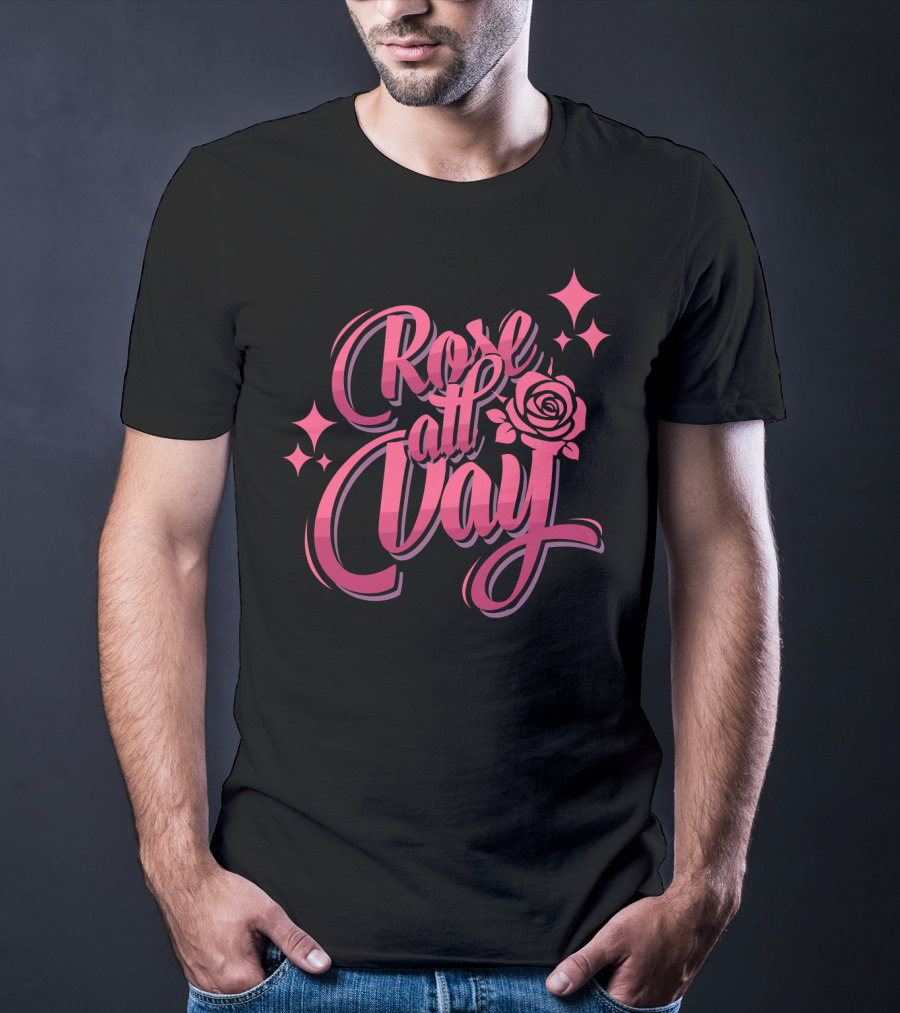 Rose All Day With Stylized Pink Rose And Stars T-Shirt