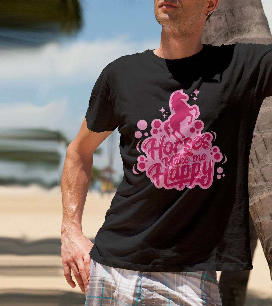 Horses Make Me Happy Pink Horse Silhouette With Stars And Circles T-Shirt