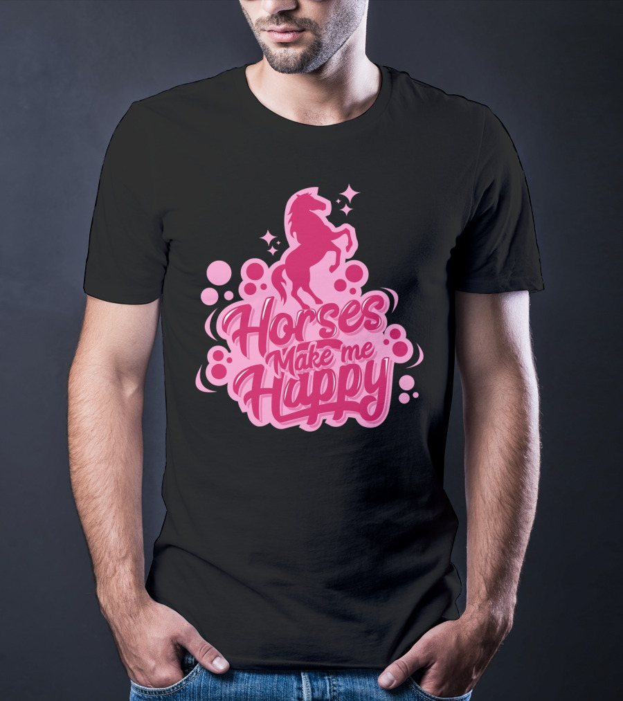 Horses Make Me Happy Pink Horse Silhouette With Stars And Circles T-Shirt