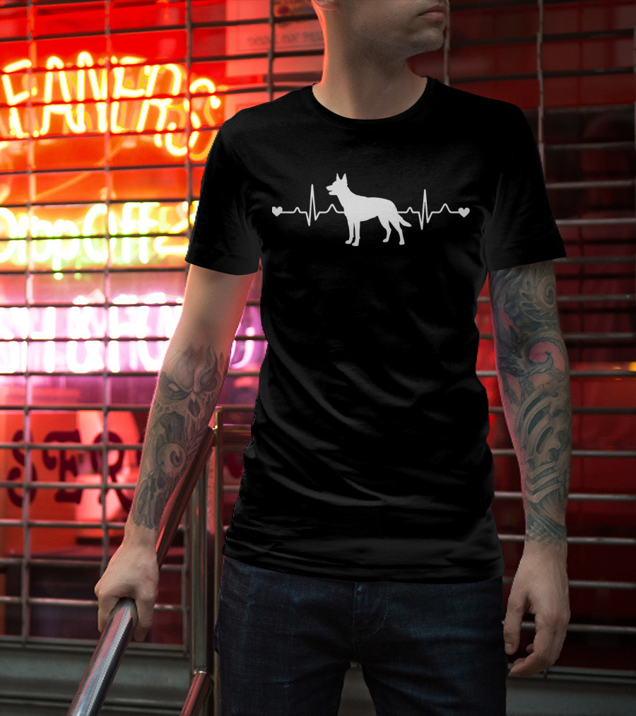Australian Kelpie Silhouette With Heartbeat Pulse ECG And Love Hearts T-Shirt