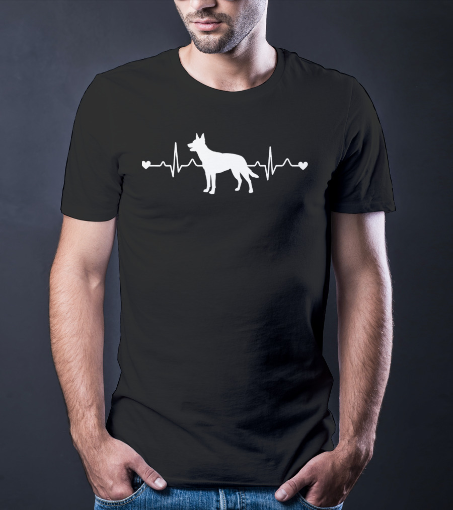 Australian Kelpie Silhouette With Heartbeat Pulse ECG And Love Hearts T-Shirt