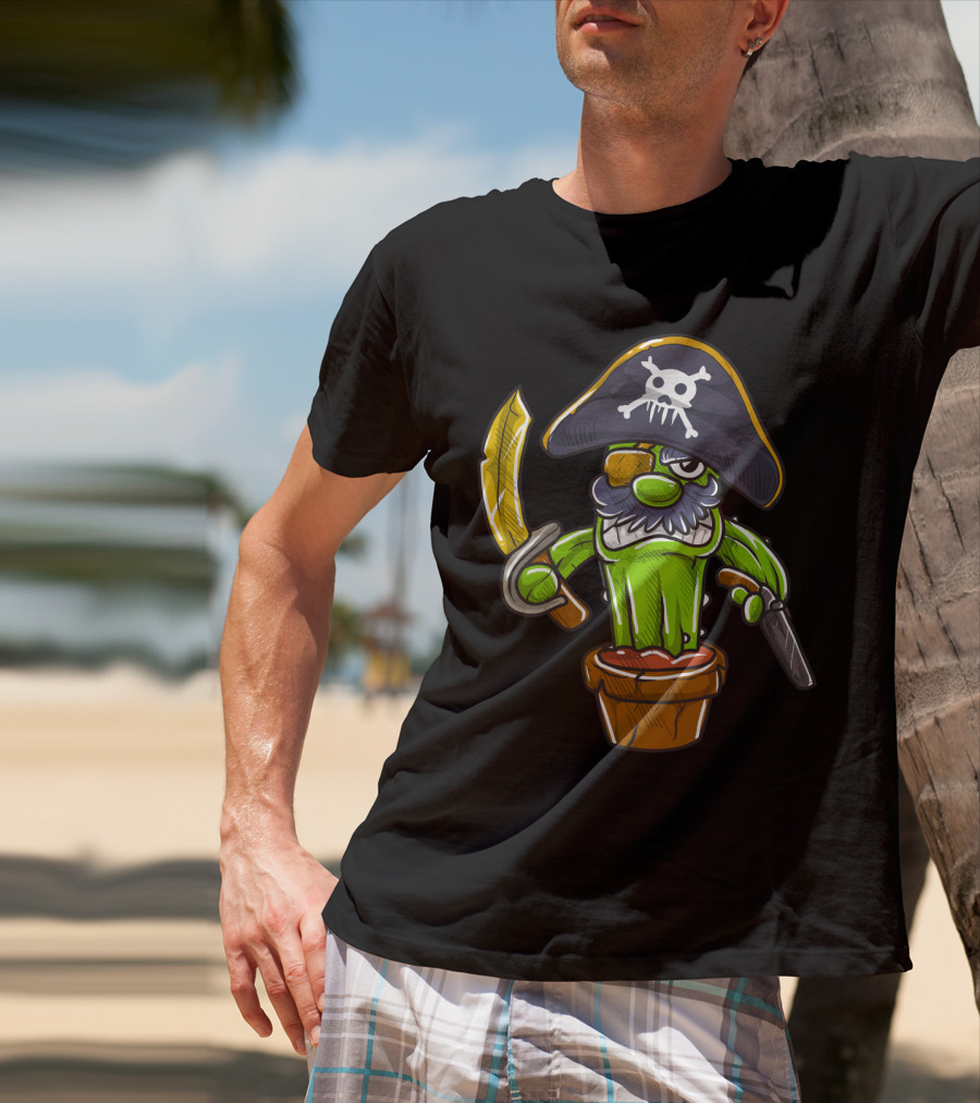 Cactus Pirate Jolly Roger Skull Spooky Pot Sword Eyepatch T-Shirt
