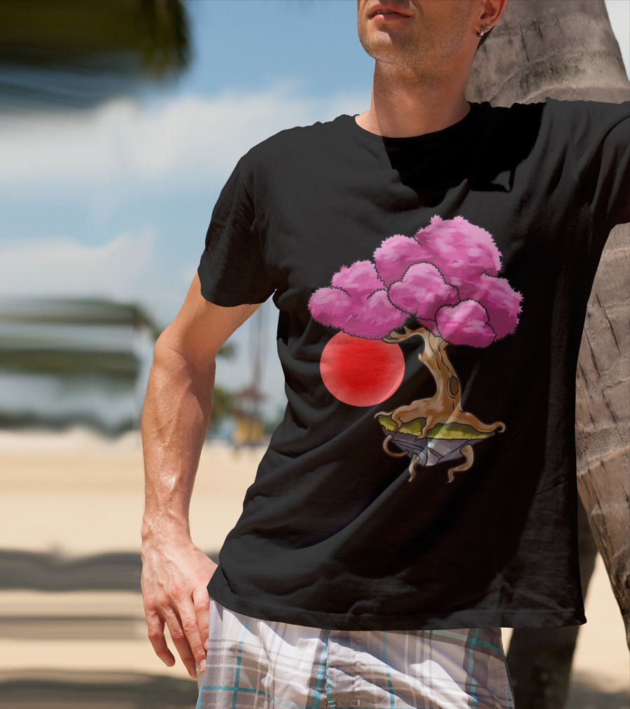 Floating Japanese Cherry Blossom Sakura Tree With Red Sun Sphere T-Shirt