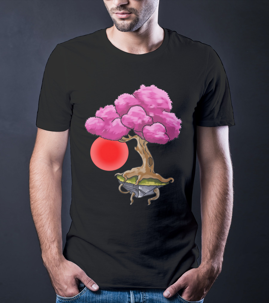 Floating Japanese Cherry Blossom Sakura Tree With Red Sun Sphere T-Shirt