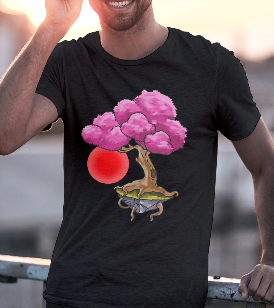 Floating Japanese Cherry Blossom Sakura Tree With Red Sun Sphere T-Shirt