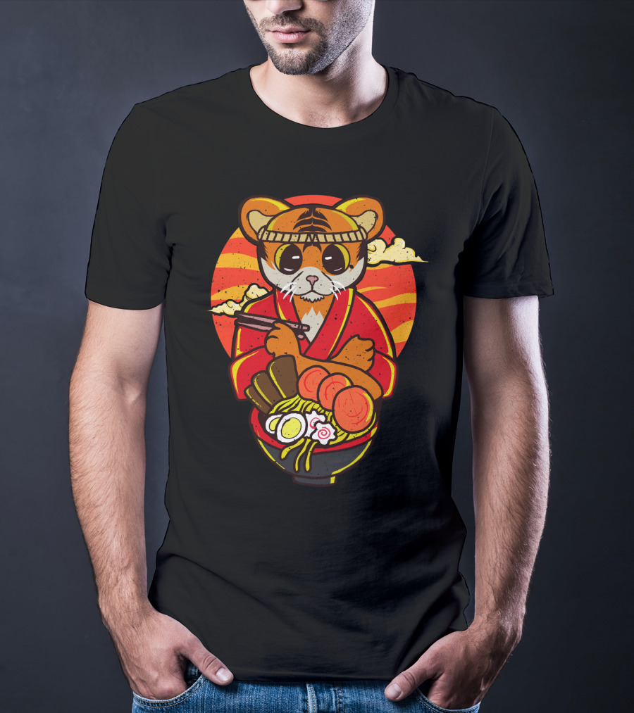 Kawaii Ramen Tiger In Kimono With Japanese Noodles And Sunset Background T-Shirt