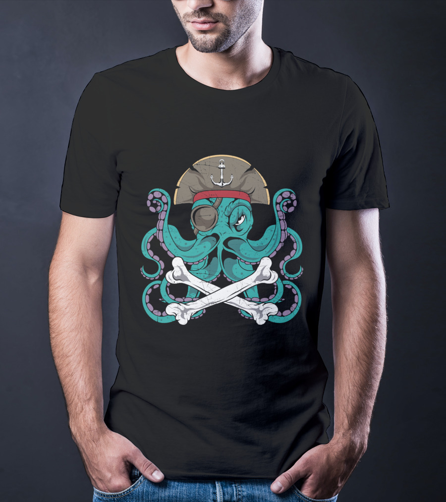 Octopus Pirate Jolly Roger Crossbones Anchor Hat Tentacles T-Shirt