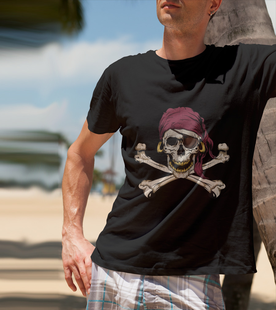Pirate Jolly Roger Skull Crossbones Bandana Eyepatch Earring T-Shirt