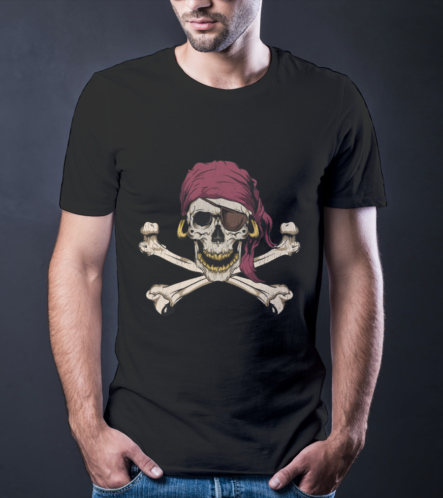 Pirate Jolly Roger Skull Crossbones Bandana Eyepatch Earring T-Shirt