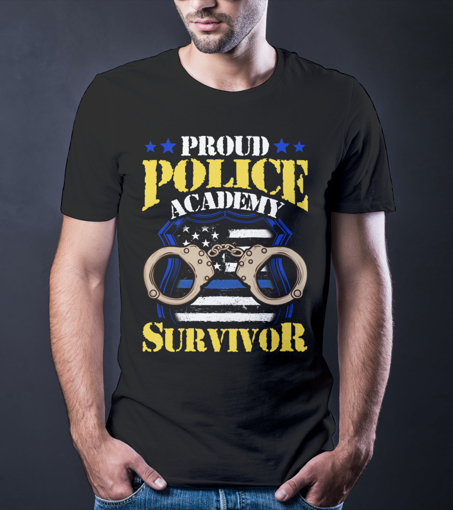 Proud Police Academy Survivor Stars Badge Handcuffs American Flag T-Shirt