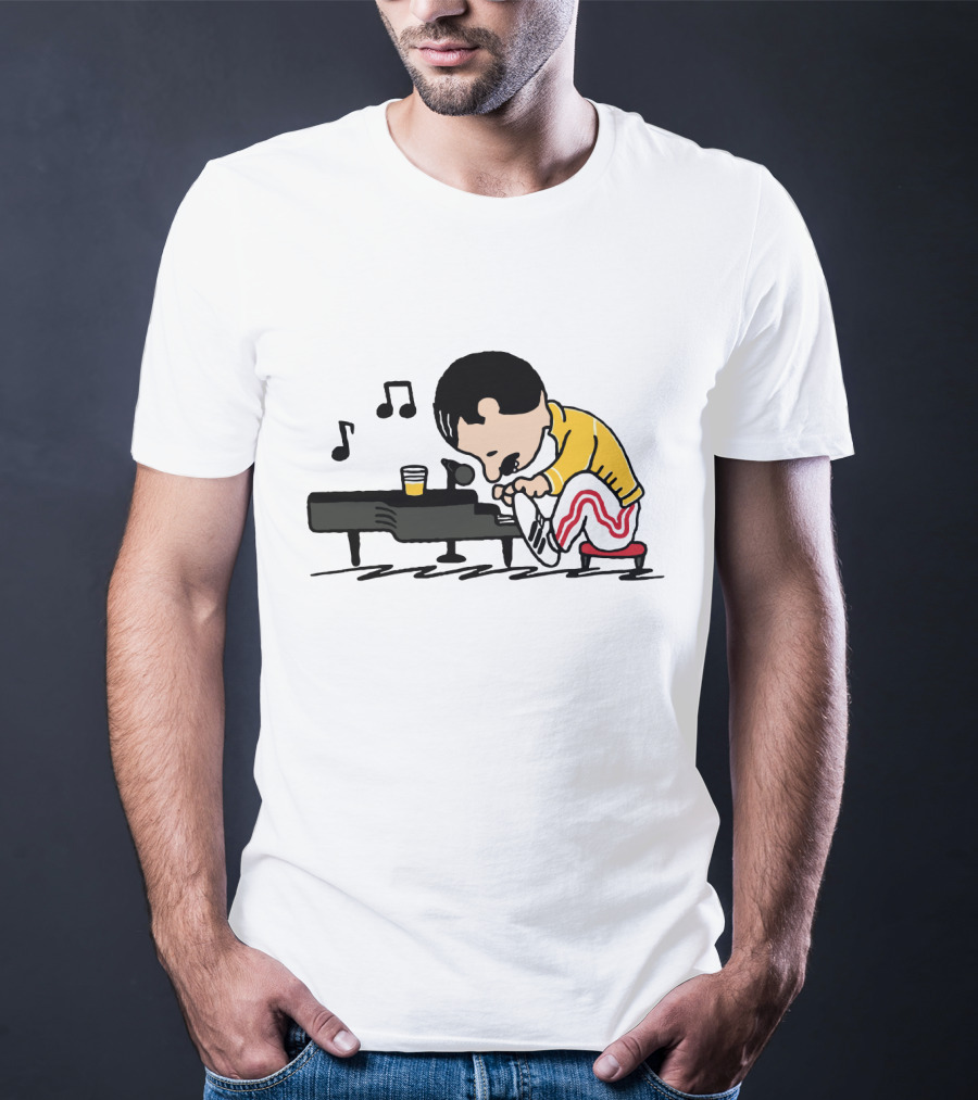 Freddie Mercury Peanuts Style Piano Playing Music Notes T-Shirt