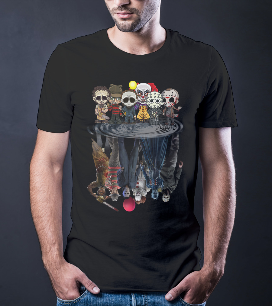 Horror Icons Chibi Reflections In Water Mirror T-Shirt