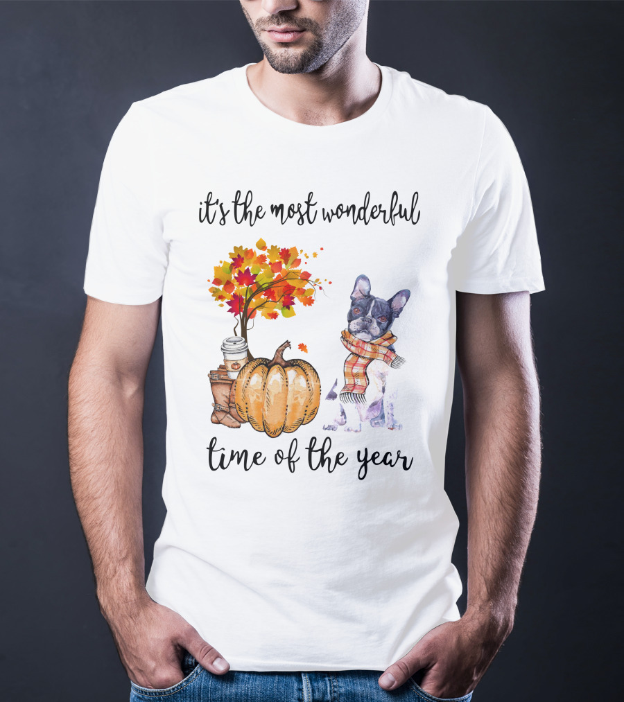 Its The Most Wonderful Time Of The Year Boston Terrier Autumn Pumpkin Leaves Coffee T-Shirt