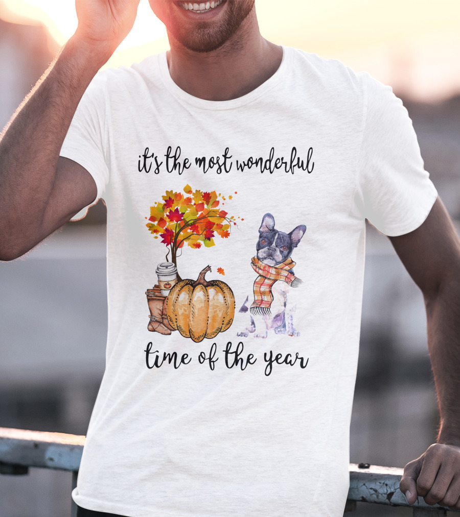 Its The Most Wonderful Time Of The Year Boston Terrier Autumn Pumpkin Leaves Coffee T-Shirt