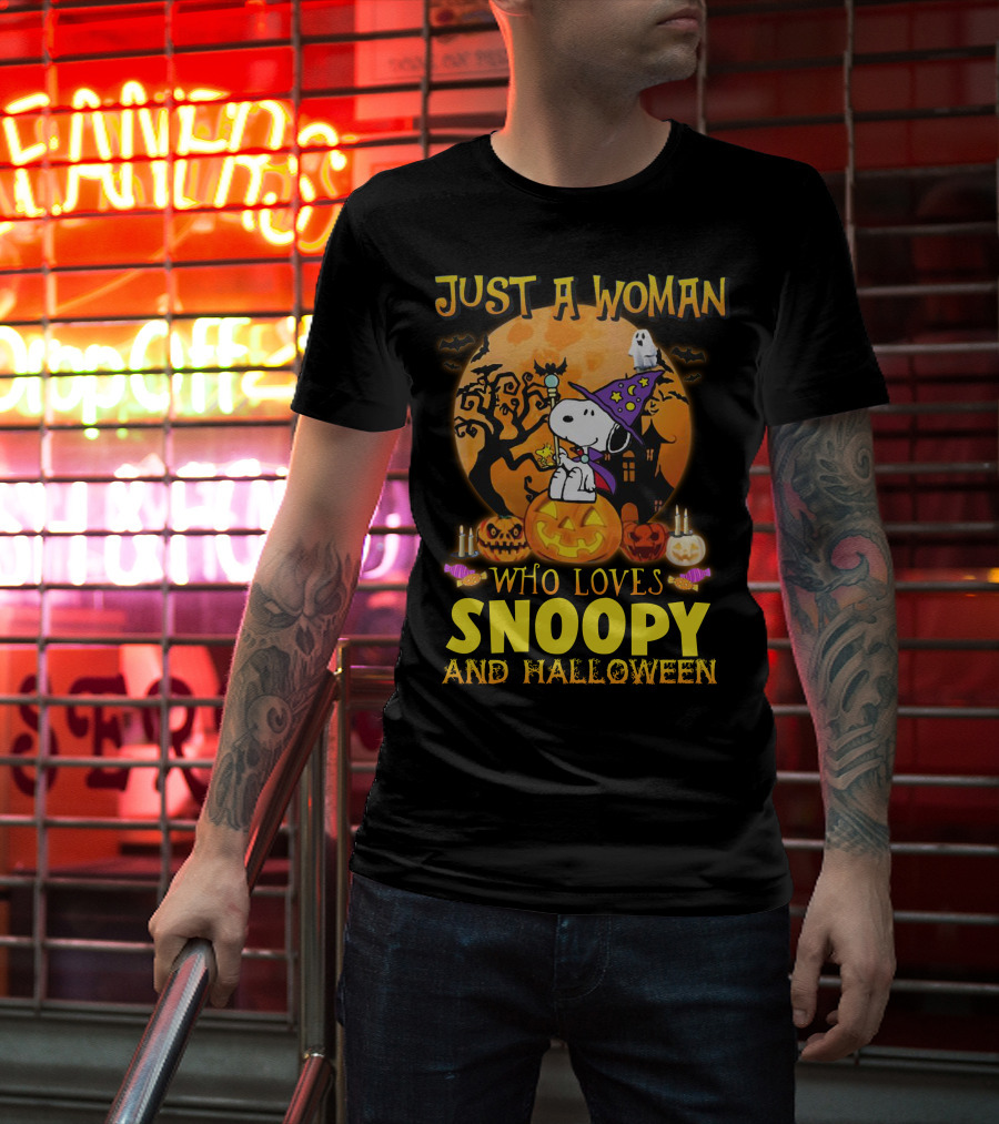 Just A Woman Who Loves Snoopy And Halloween T-Shirt