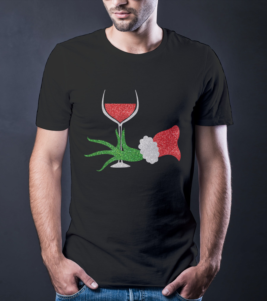 Grinch Hand Santa Hat Wine Glass Red Green Sparkle T-Shirt