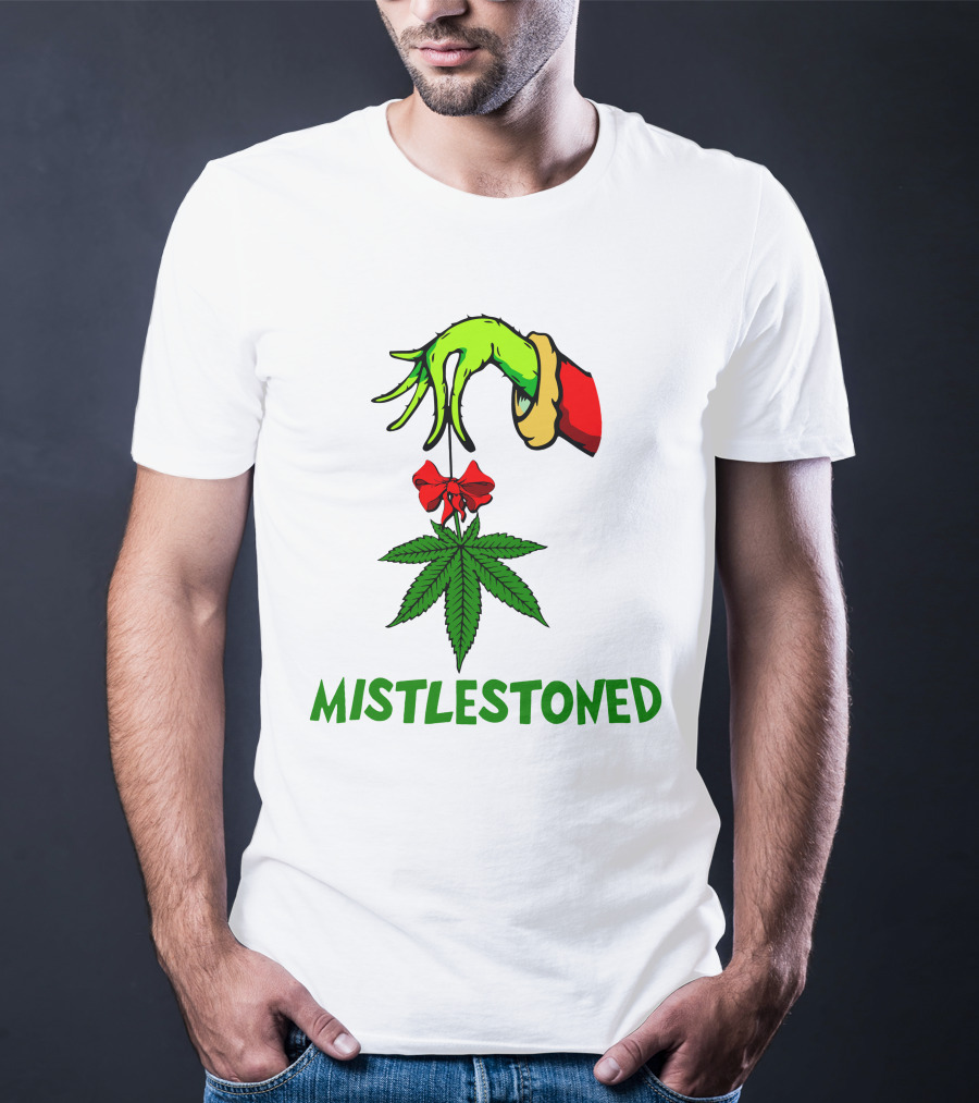Grinch Hand Holding Mistletoe Leaf With Mistlestoned Text T-Shirt