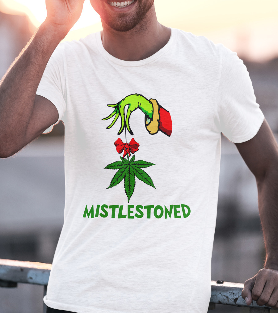 Grinch Hand Holding Mistletoe Leaf With Mistlestoned Text T-Shirt