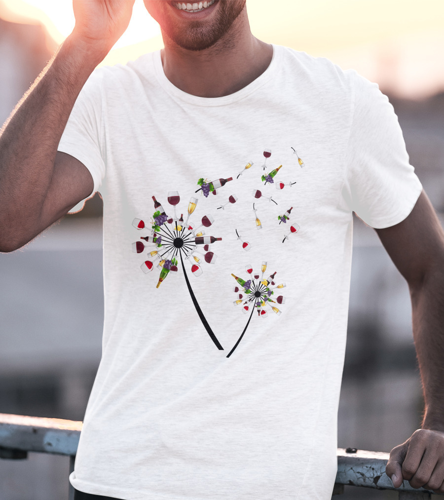 Printady Clothing Store Wine Glasses And Bottles Dandelion T-Shirt