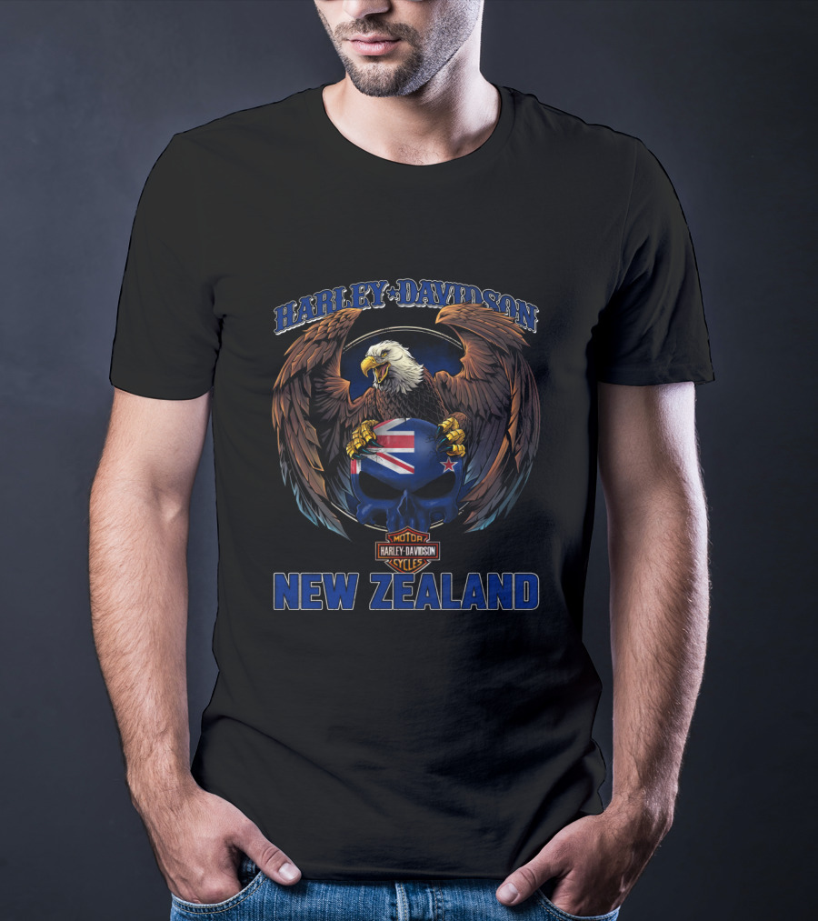 Harley Davidson New Zealand Motor Cycles Eagle Skull Flag T-Shirt