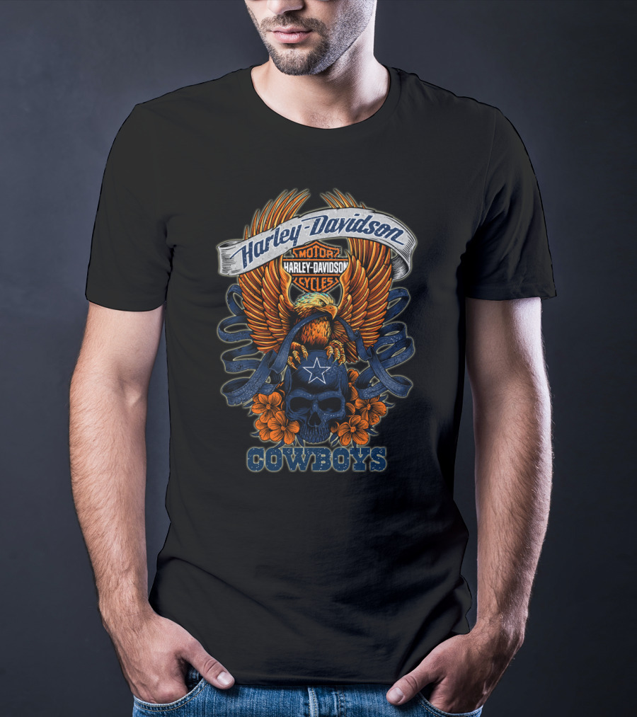 Harley Davidson Motor Cycles Eagle Skull Flowers Cowboys T-Shirt