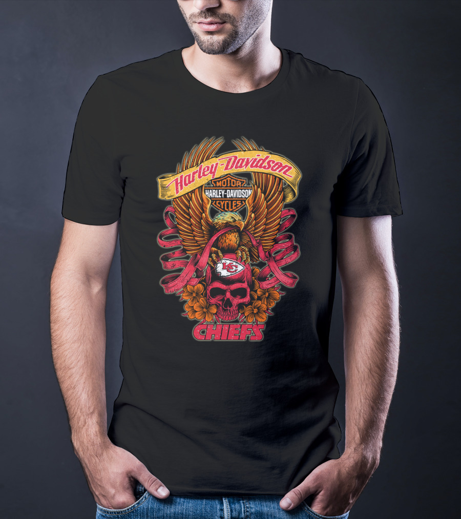Harley Davidson Kansas City Chiefs Skull Eagle Flowers T-Shirt