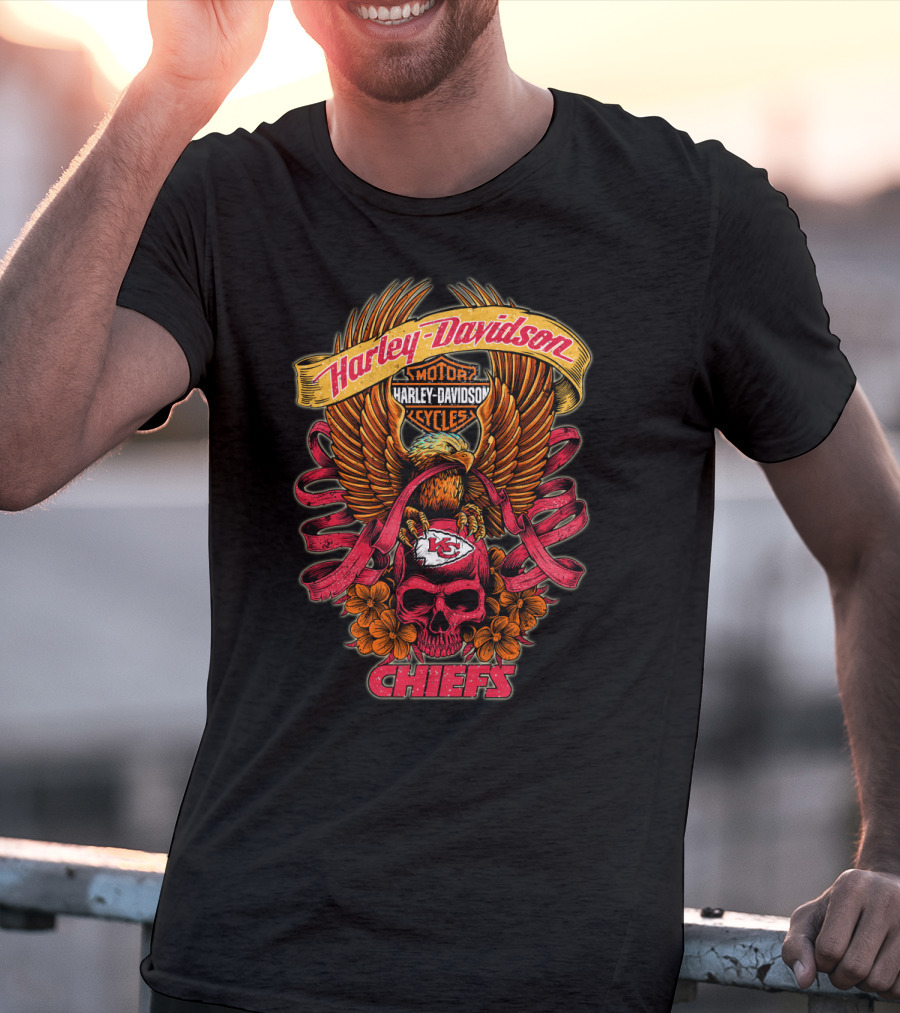 Harley Davidson Kansas City Chiefs Skull Eagle Flowers T-Shirt