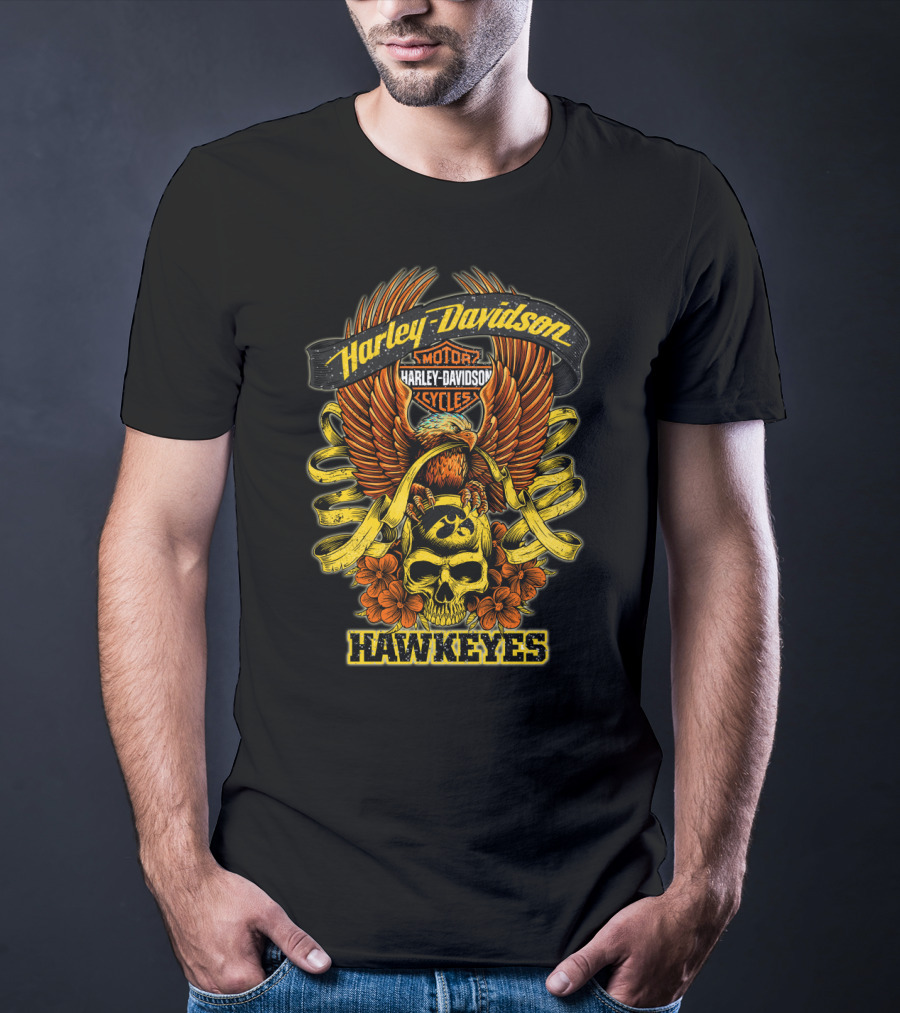Harley Davidson Motor Cycles Hawkeyes Skull Eagle Winged T-Shirt