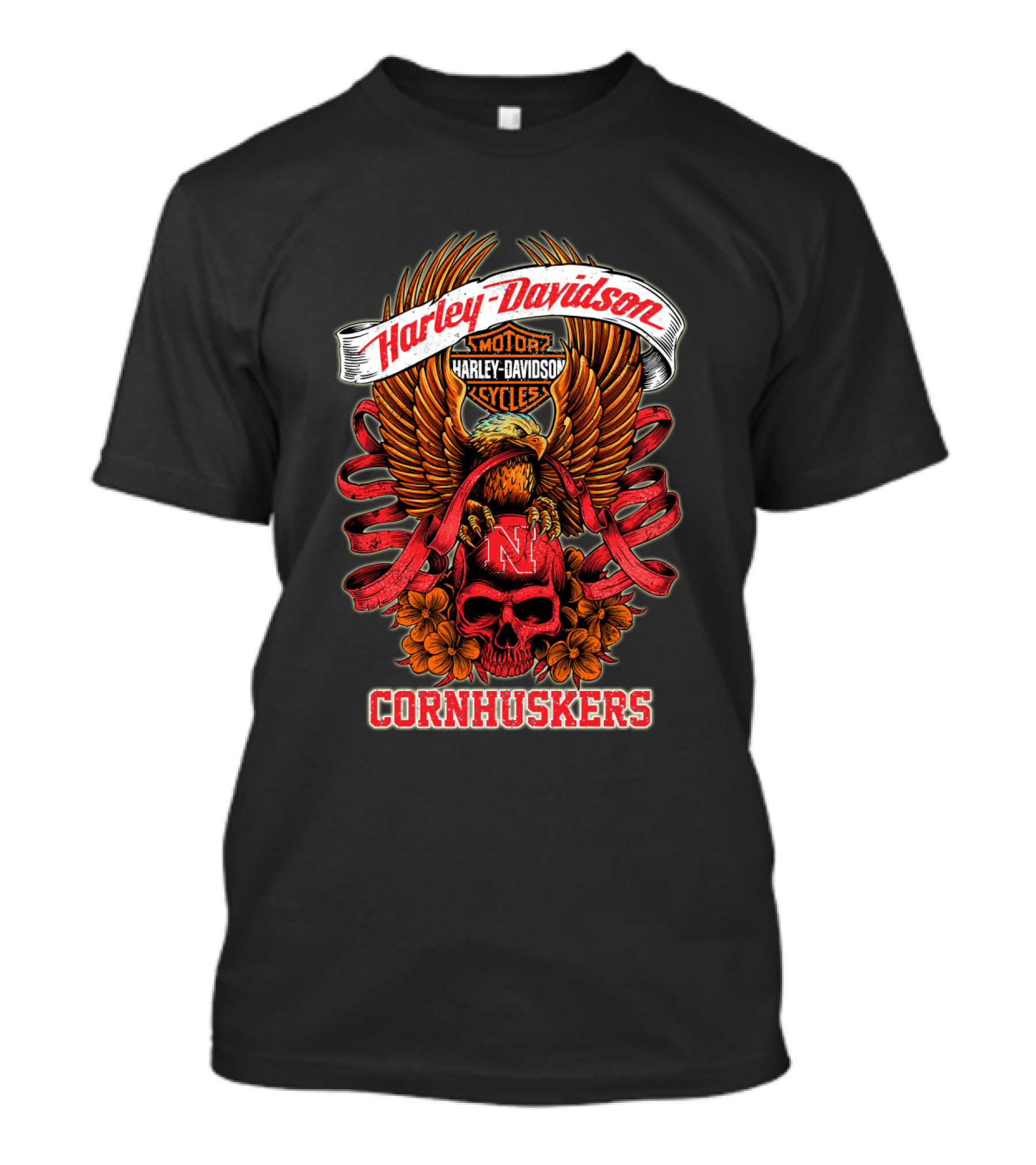 Harley Davidson Motor Cycles Nebraska Cornhuskers Eagle And Skull T-Shirt