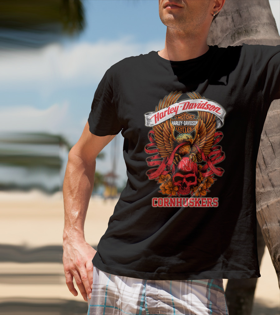 Harley Davidson Motor Cycles Nebraska Cornhuskers Eagle And Skull T-Shirt