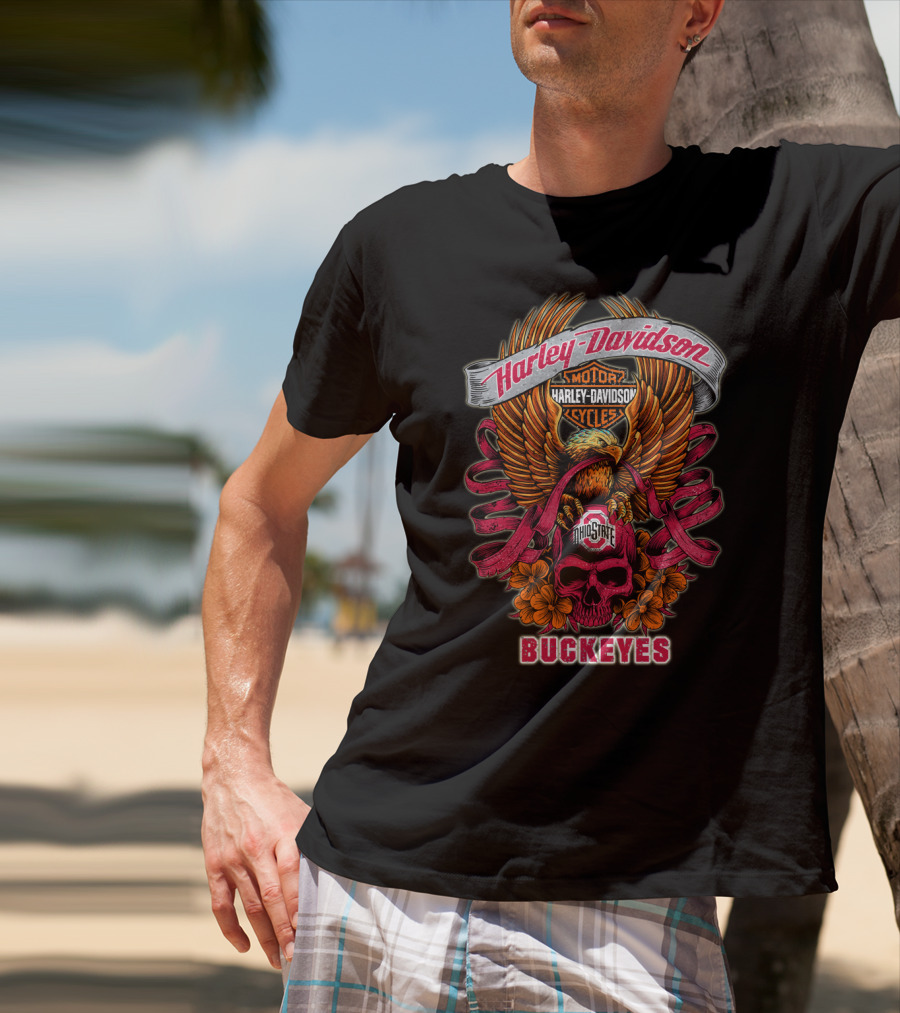 Harley Davidson Ohio State Buckeyes Skull And Eagle T-Shirt