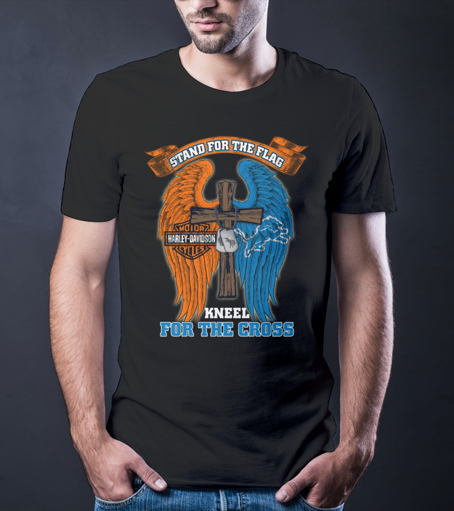 Stand For The Flag Kneel For The Cross Harley Davidson Detroit Lions T-Shirt
