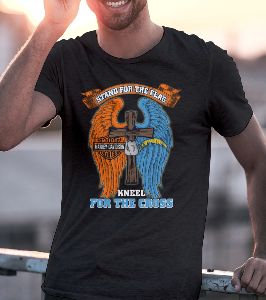 Stand For The Flag Kneel For The Cross Harley Davidson Los Angeles Chargers T-Shirt