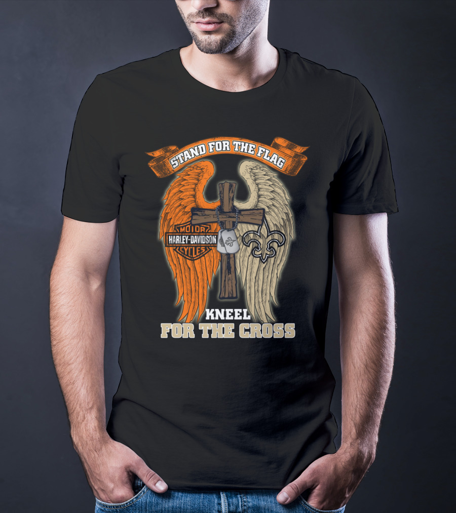 Stand For The Flag Kneel For The Cross Harley Davidson New Orleans Saints T-Shirt