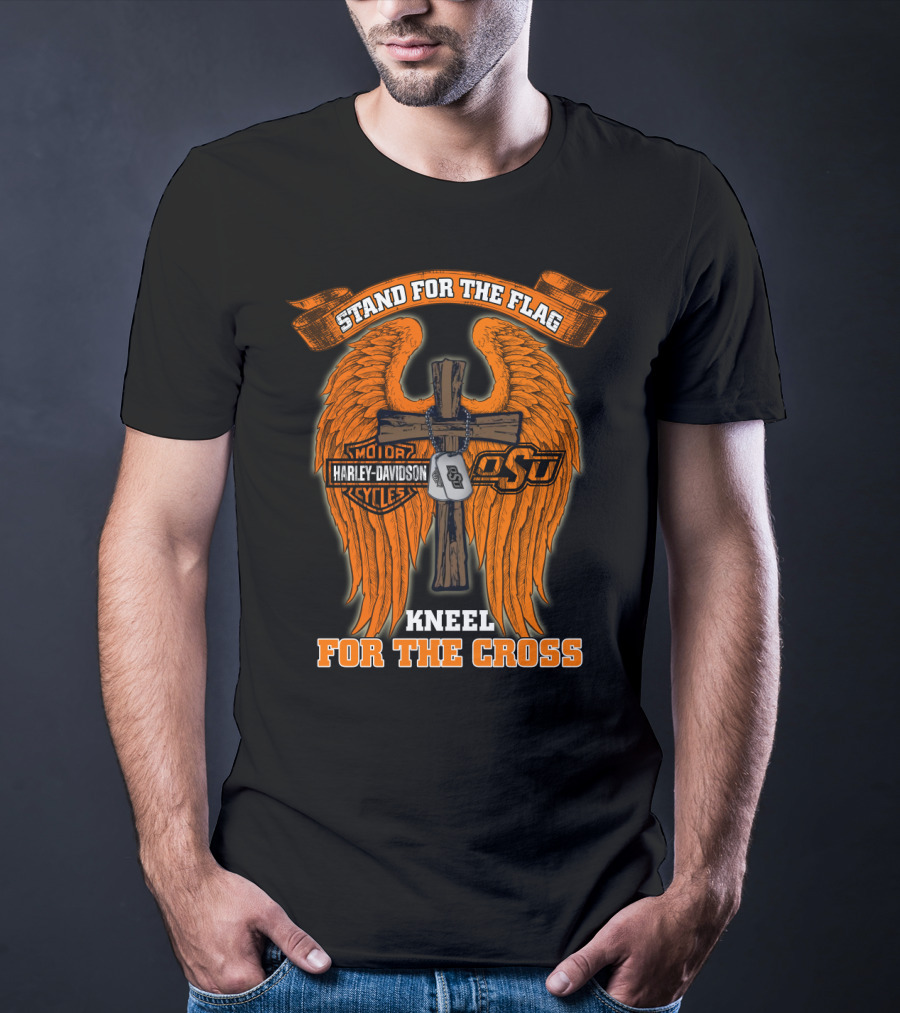 Stand For The Flag Kneel For The Cross Harley Davidson Osu Oklahoma State Cowboys T-Shirt