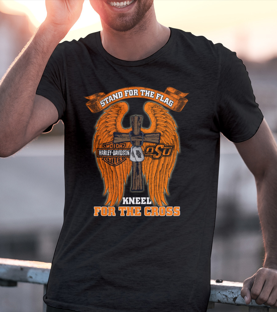 Stand For The Flag Kneel For The Cross Harley Davidson Osu Oklahoma State Cowboys T-Shirt
