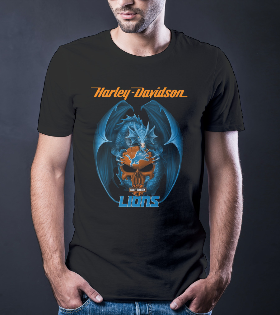 Harley Davidson Detroit Lions Blue Dragon Skulls T-Shirt