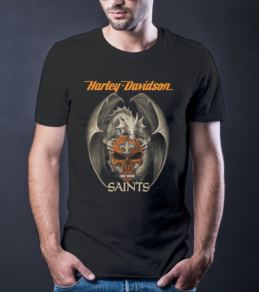 Harley Davidson Motorcycles Dragon Skull Saints New Orleans T-Shirt