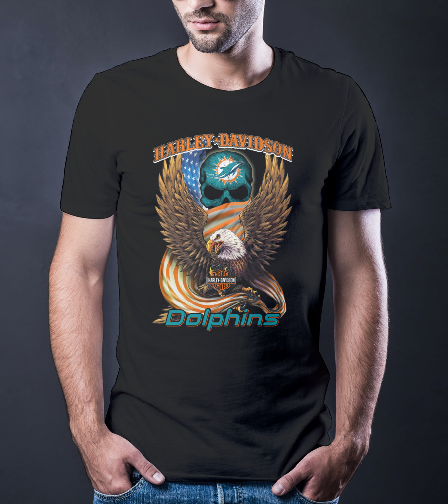 Harley Davidson Miami Dolphins Hl6 Cycles Eagle Flag Skull T-Shirt